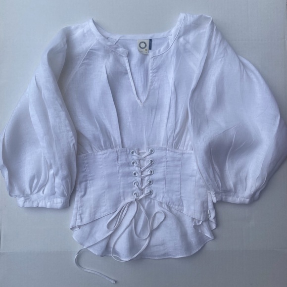 Akemi + Kin Tops - Anthropologie Akemi + Kin Corset Blouse 100% Linen Size 4 White Ballon Sleeves